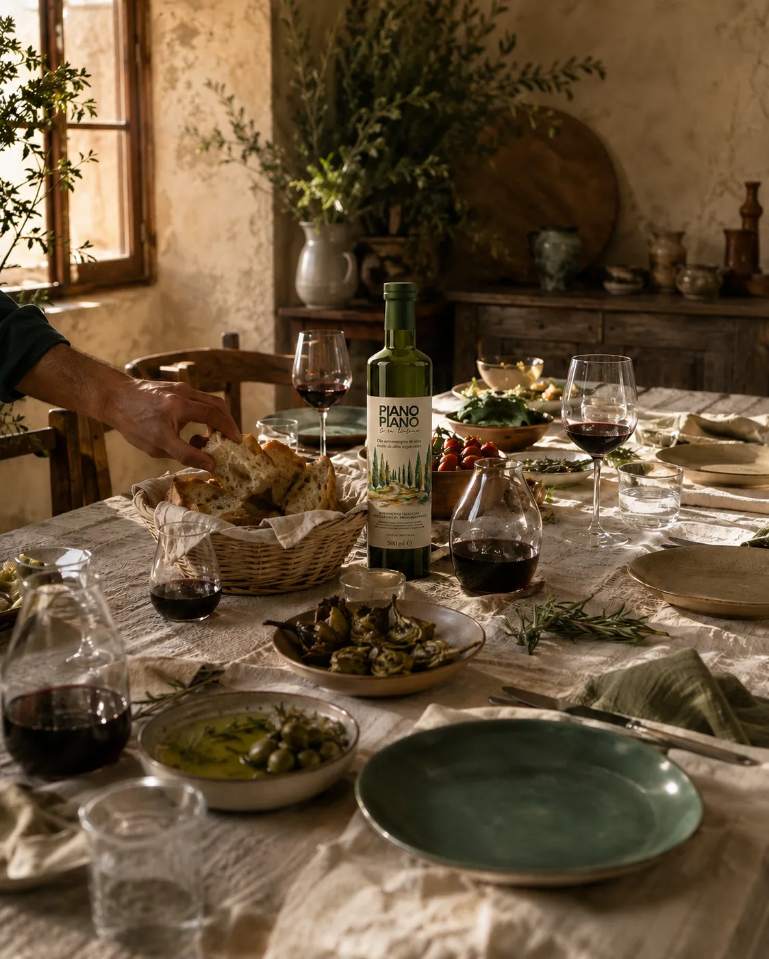 Mesa italiana con un hilo de aceite sobre pan